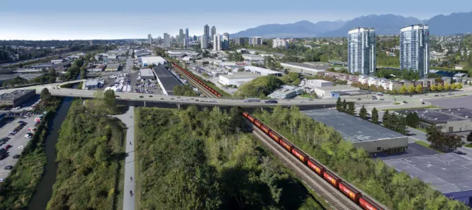 A rendering of an overpass crossing over train tracks