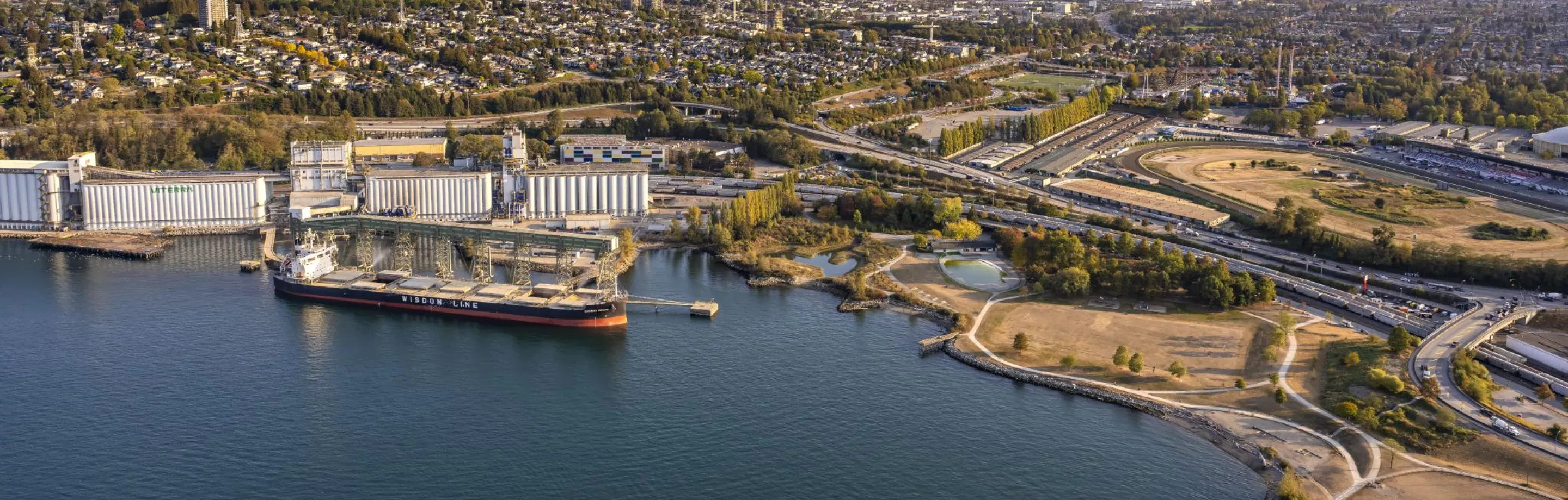 Aerial of New Brighton Park and a bulk terminal