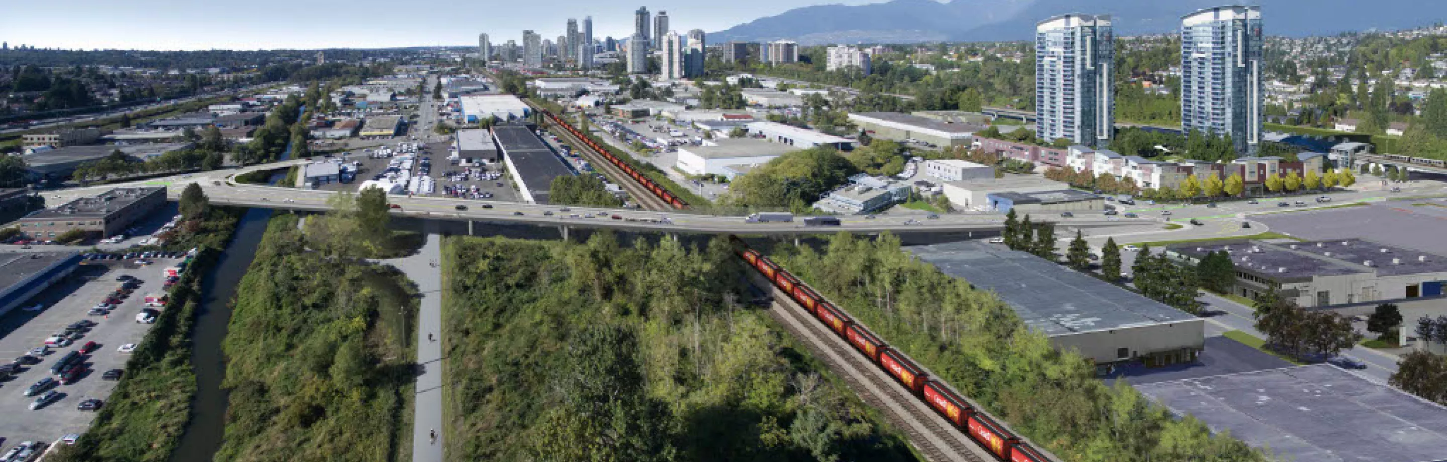 A rendering of an overpass crossing over train tracks