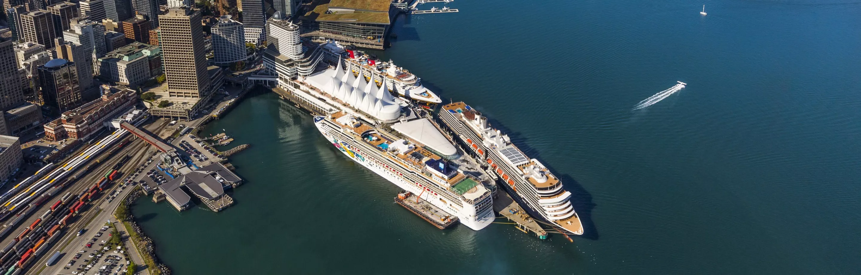 Aerial view of cruise ships berthed at the Canada Place cruise terminal