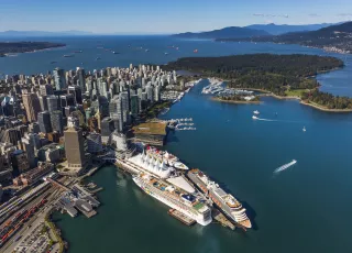 Aerial view of cruise ships berthed at the Canada Place cruise terminal