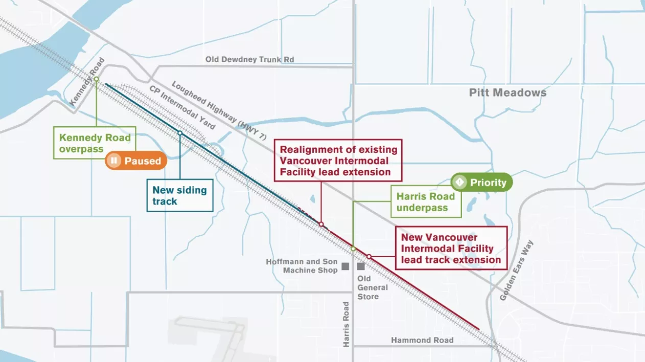 Maps of train tracks crossing Kennedy Road and Harris Road in Pitt Meadows.