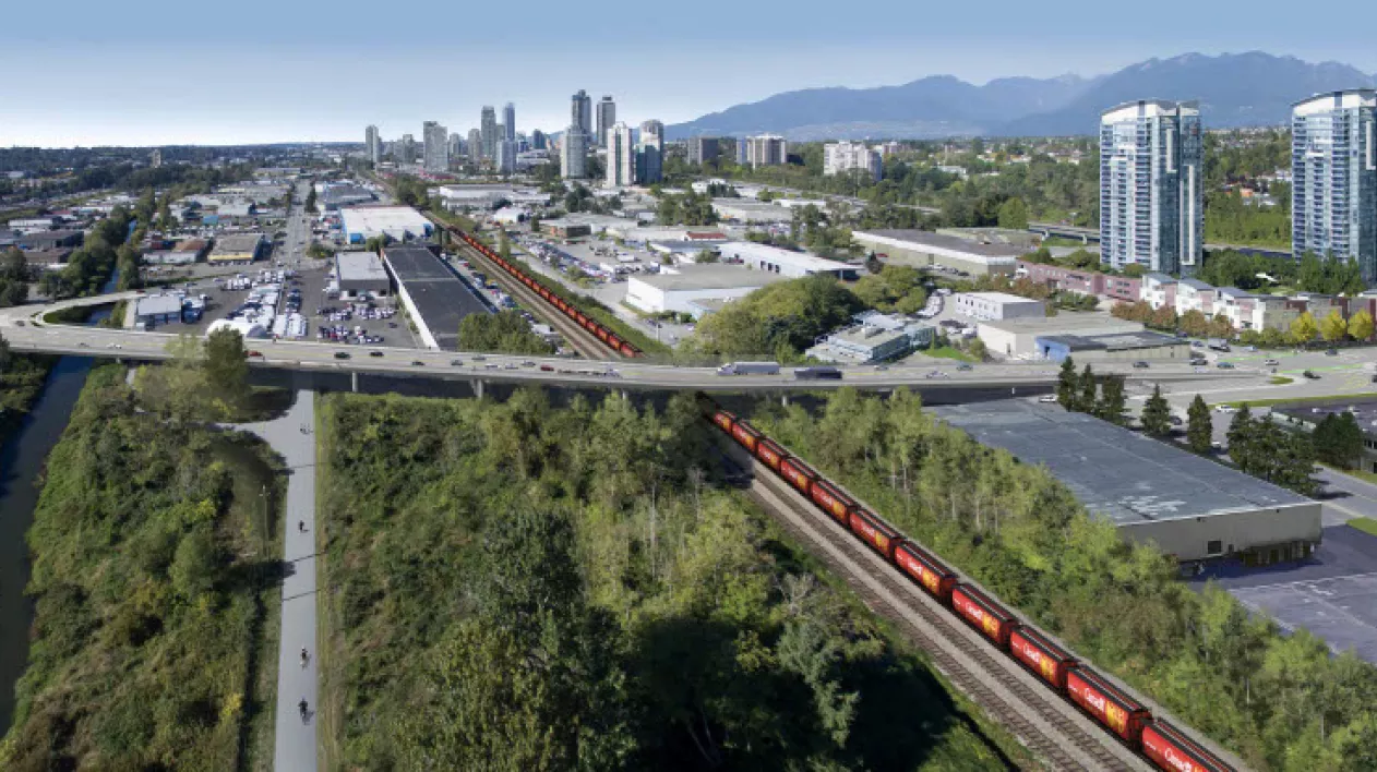 A rendering of an overpass crossing over train tracks