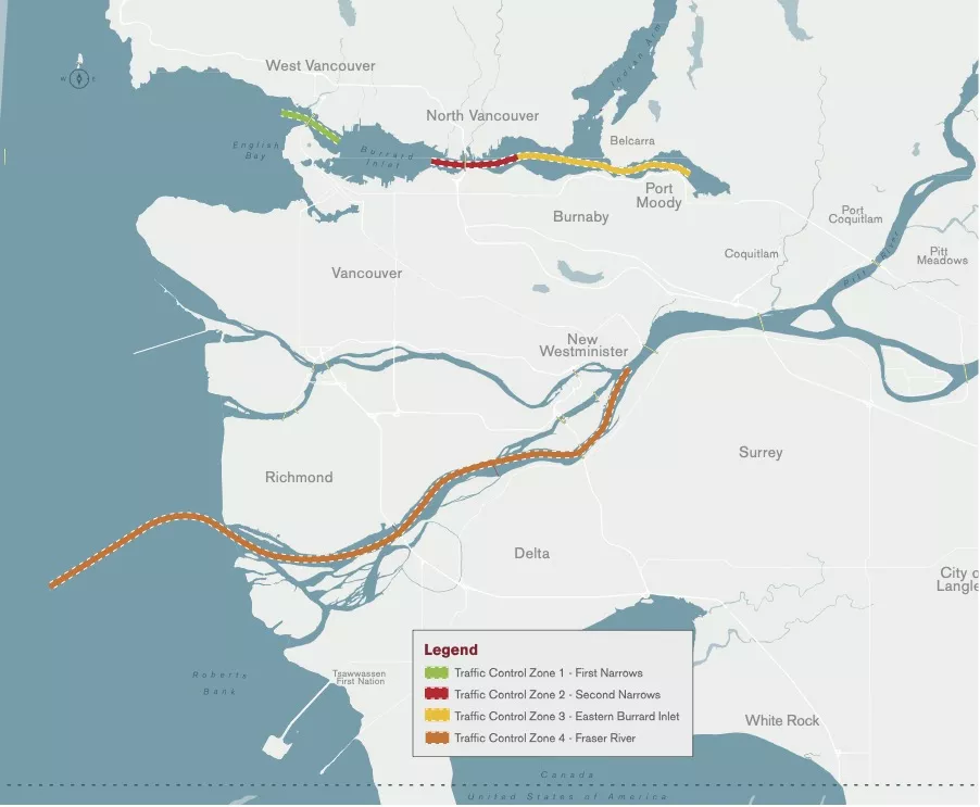 Overview of traffic control zones within the Vancouver Fraser Port Authority’s jurisdictional waters