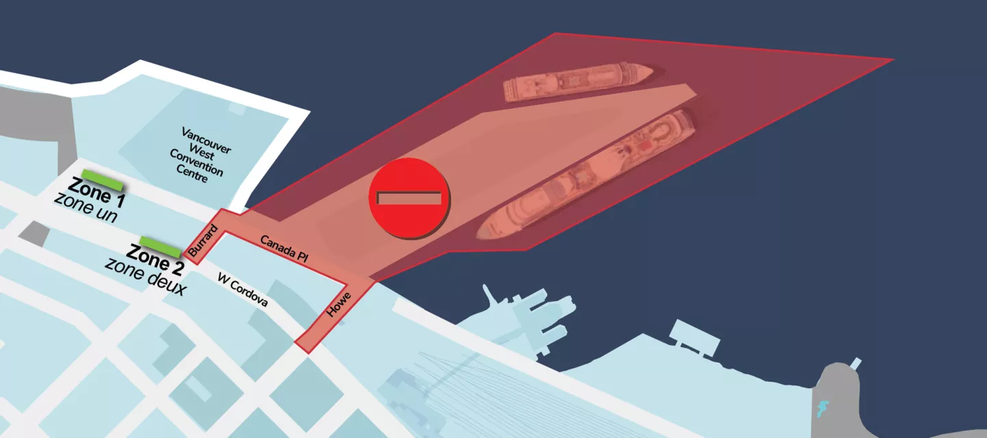 A map of the roads surrounding Canada Place. Zone 1 is at the corner of Canada Pl and Thrulow St. Zone 2 is at the corner of W Cordova St and Burrard St